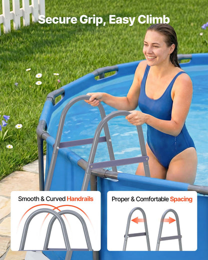Above Ground Pool Ladder, 3-Step Steel A-Frame Swimming Pool Stairs for 106.7 cm High Wall, 136 kg Capacity Entry/Exit Steps with Secure Non-Slip Sturdy Wide Step, Easy Setup, Gray & White