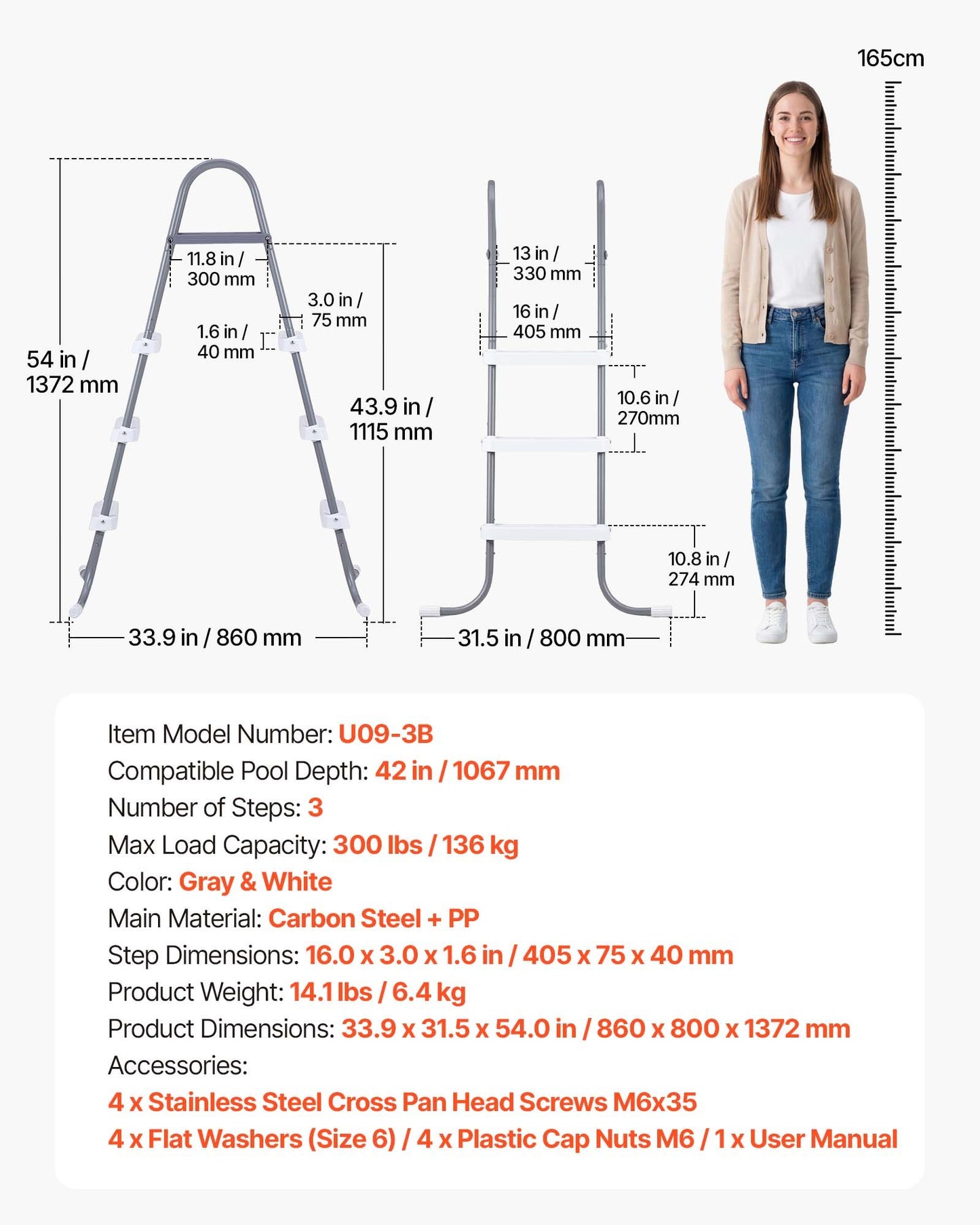 Above Ground Pool Ladder, 3-Step Steel A-Frame Swimming Pool Stairs for 106.7 cm High Wall, 136 kg Capacity Entry/Exit Steps with Secure Non-Slip Sturdy Wide Step, Easy Setup, Gray & White