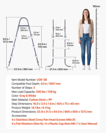 Above Ground Pool Ladder, 3-Step Steel A-Frame Swimming Pool Stairs for 106.7 cm High Wall, 136 kg Capacity Entry/Exit Steps with Secure Non-Slip Sturdy Wide Step, Easy Setup, Gray & White