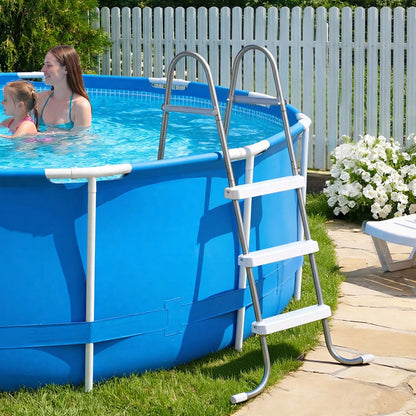 Above Ground Pool Ladder, 3-Step Steel A-Frame Swimming Pool Stairs for 106.7 cm High Wall, 136 kg Capacity Entry/Exit Steps with Secure Non-Slip Sturdy Wide Step, Easy Setup, Gray & White
