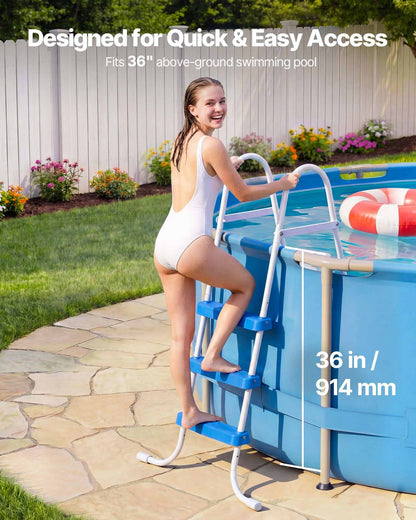 Above Ground Pool Ladder, 3-Step Steel A-Frame Swimming Pool Stairs for 91.4 cm High Wall, 136 kg Capacity Entry/Exit Steps with Secure Non-Slip Sturdy Wide Step, Easy Setup, White & Blue