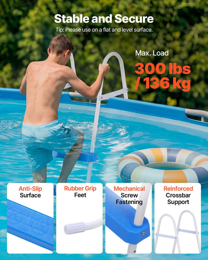 Above Ground Pool Ladder, 3-Step Steel A-Frame Swimming Pool Stairs for 91.4 cm High Wall, 136 kg Capacity Entry/Exit Steps with Secure Non-Slip Sturdy Wide Step, Easy Setup, White & Blue