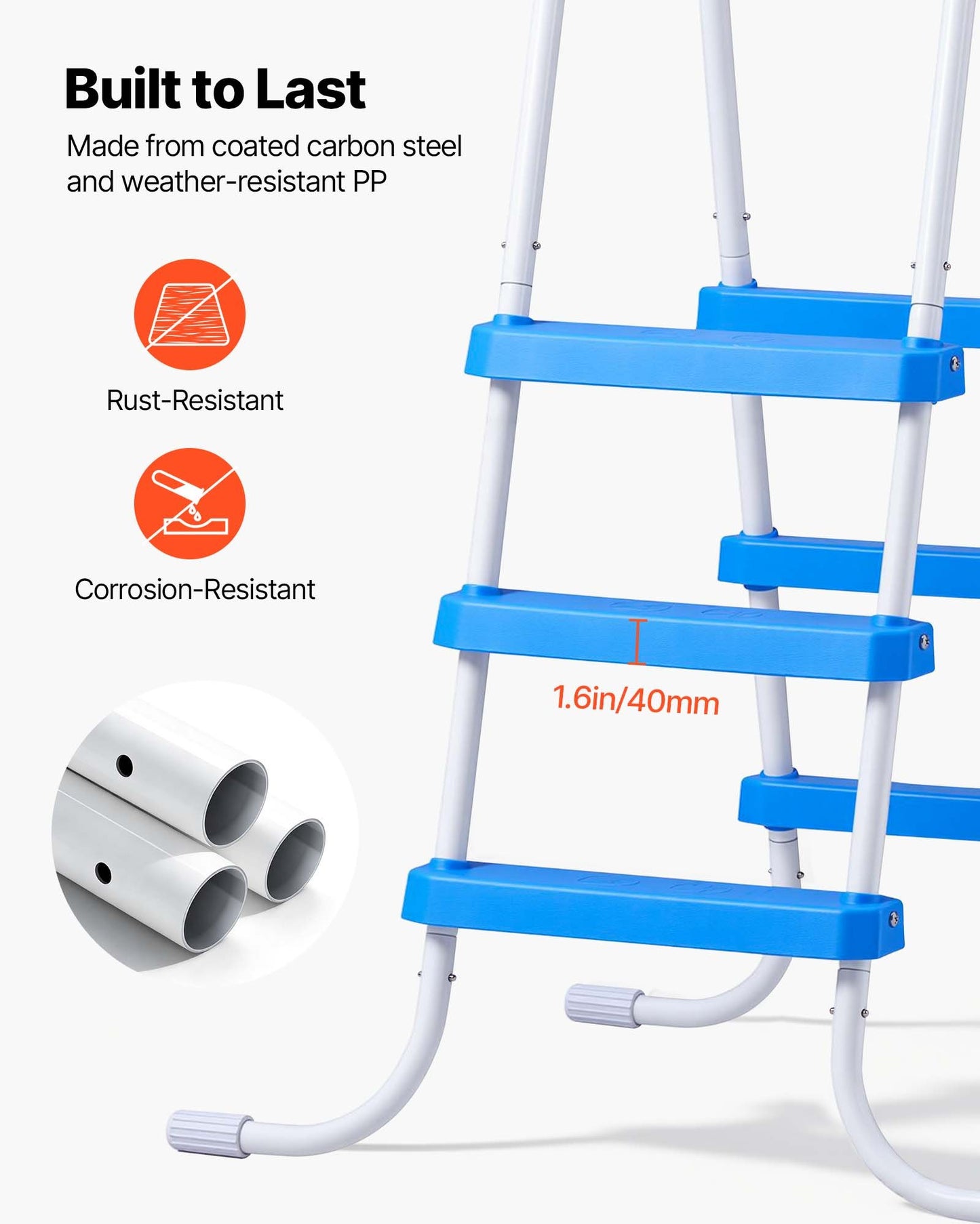 Above Ground Pool Ladder, 3-Step Steel A-Frame Swimming Pool Stairs for 91.4 cm High Wall, 136 kg Capacity Entry/Exit Steps with Secure Non-Slip Sturdy Wide Step, Easy Setup, White & Blue