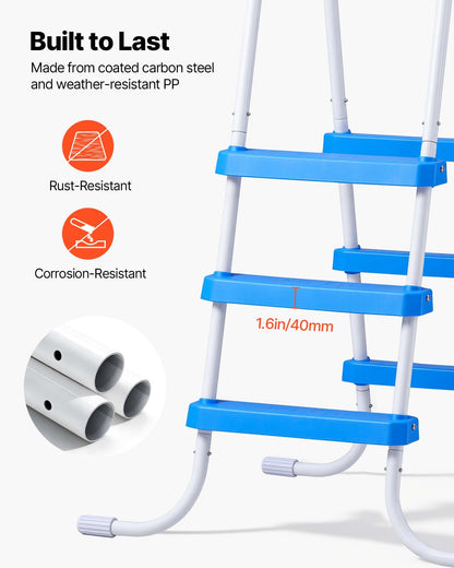 Above Ground Pool Ladder, 3-Step Steel A-Frame Swimming Pool Stairs for 91.4 cm High Wall, 136 kg Capacity Entry/Exit Steps with Secure Non-Slip Sturdy Wide Step, Easy Setup, White & Blue
