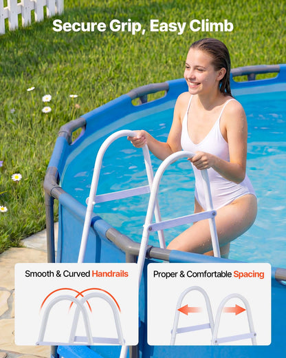 Above Ground Pool Ladder, 3-Step Steel A-Frame Swimming Pool Stairs for 91.4 cm High Wall, 136 kg Capacity Entry/Exit Steps with Secure Non-Slip Sturdy Wide Step, Easy Setup, White & Blue