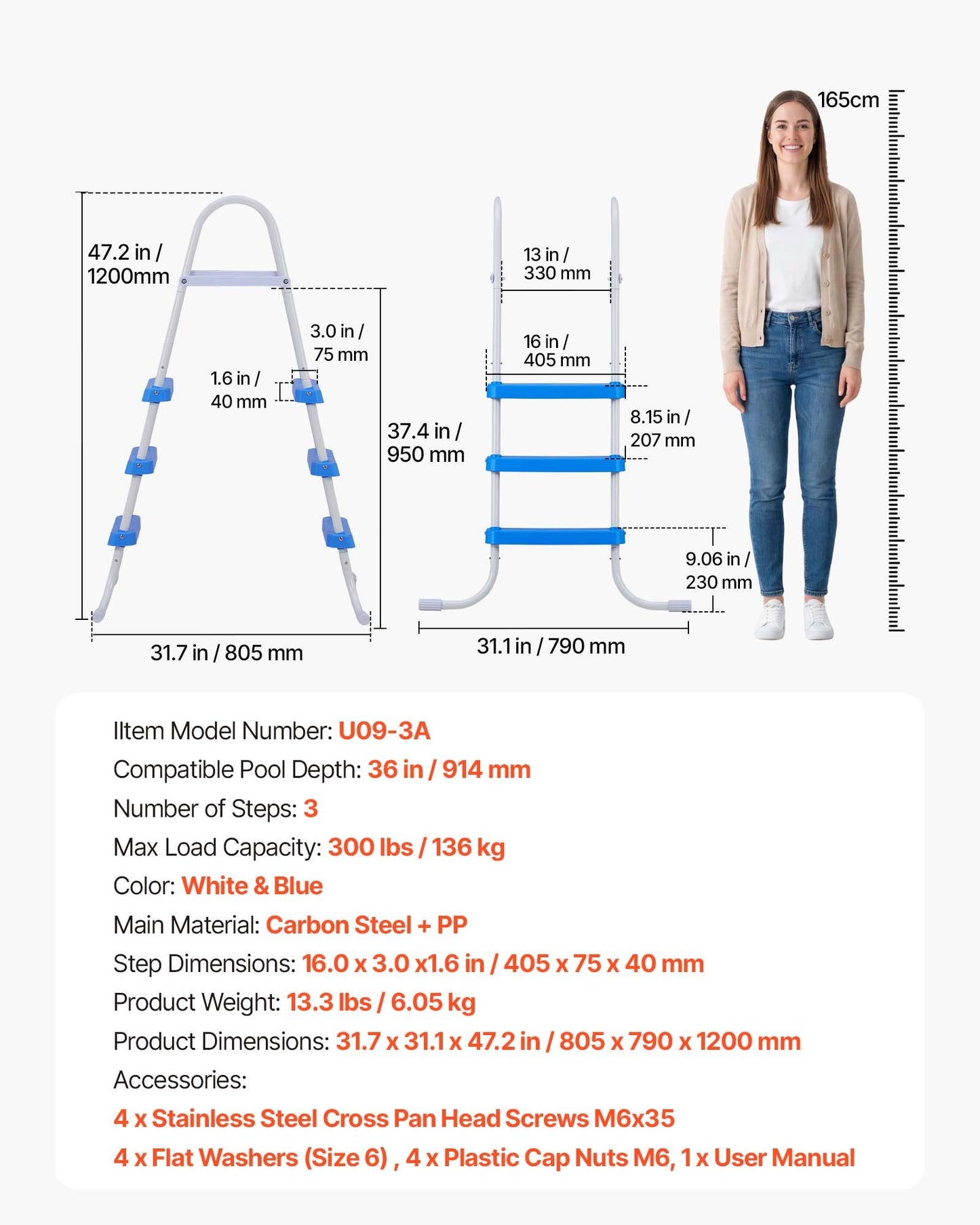 Above Ground Pool Ladder, 3-Step Steel A-Frame Swimming Pool Stairs for 91.4 cm High Wall, 136 kg Capacity Entry/Exit Steps with Secure Non-Slip Sturdy Wide Step, Easy Setup, White & Blue