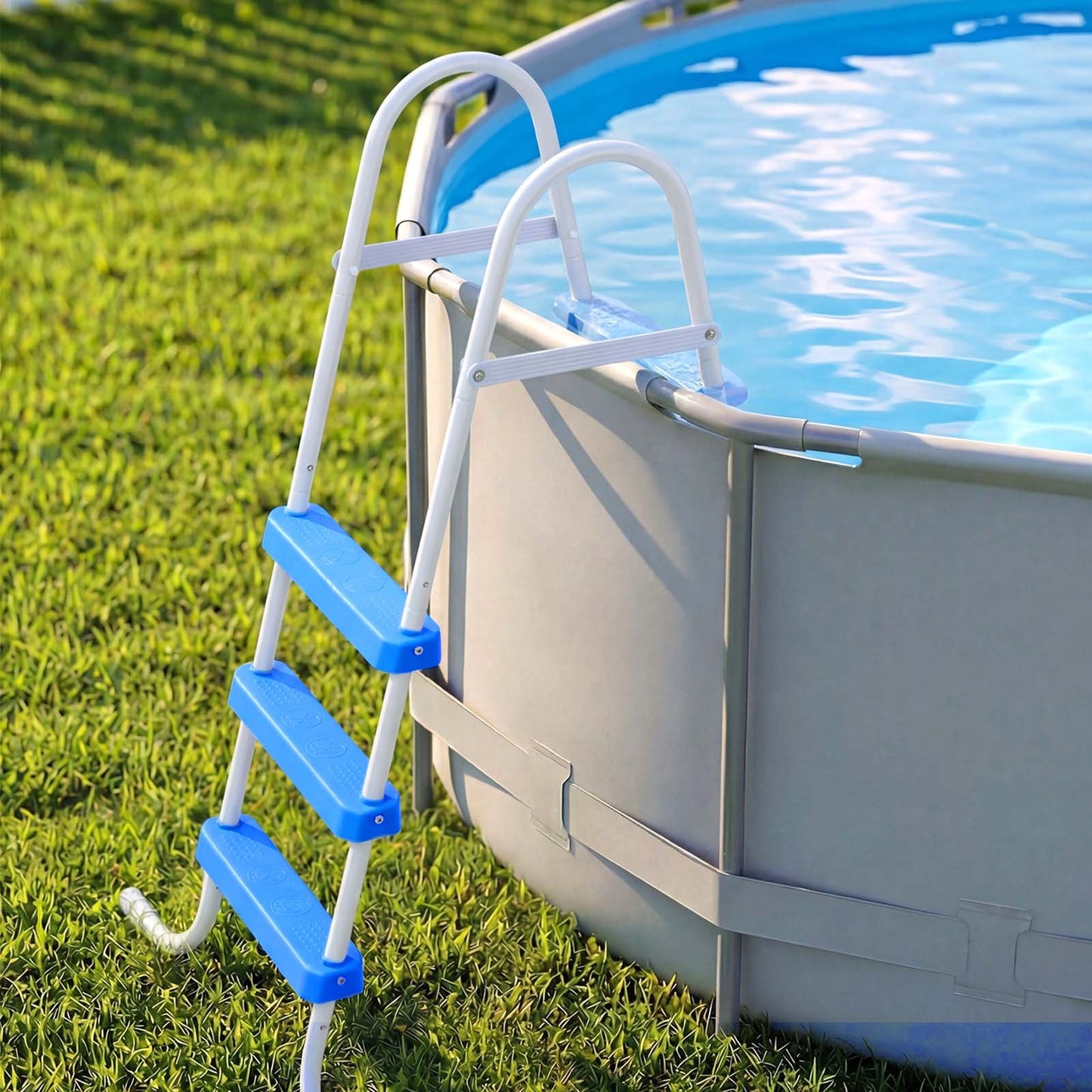 Above Ground Pool Ladder, 3-Step Steel A-Frame Swimming Pool Stairs for 91.4 cm High Wall, 136 kg Capacity Entry/Exit Steps with Secure Non-Slip Sturdy Wide Step, Easy Setup, White & Blue