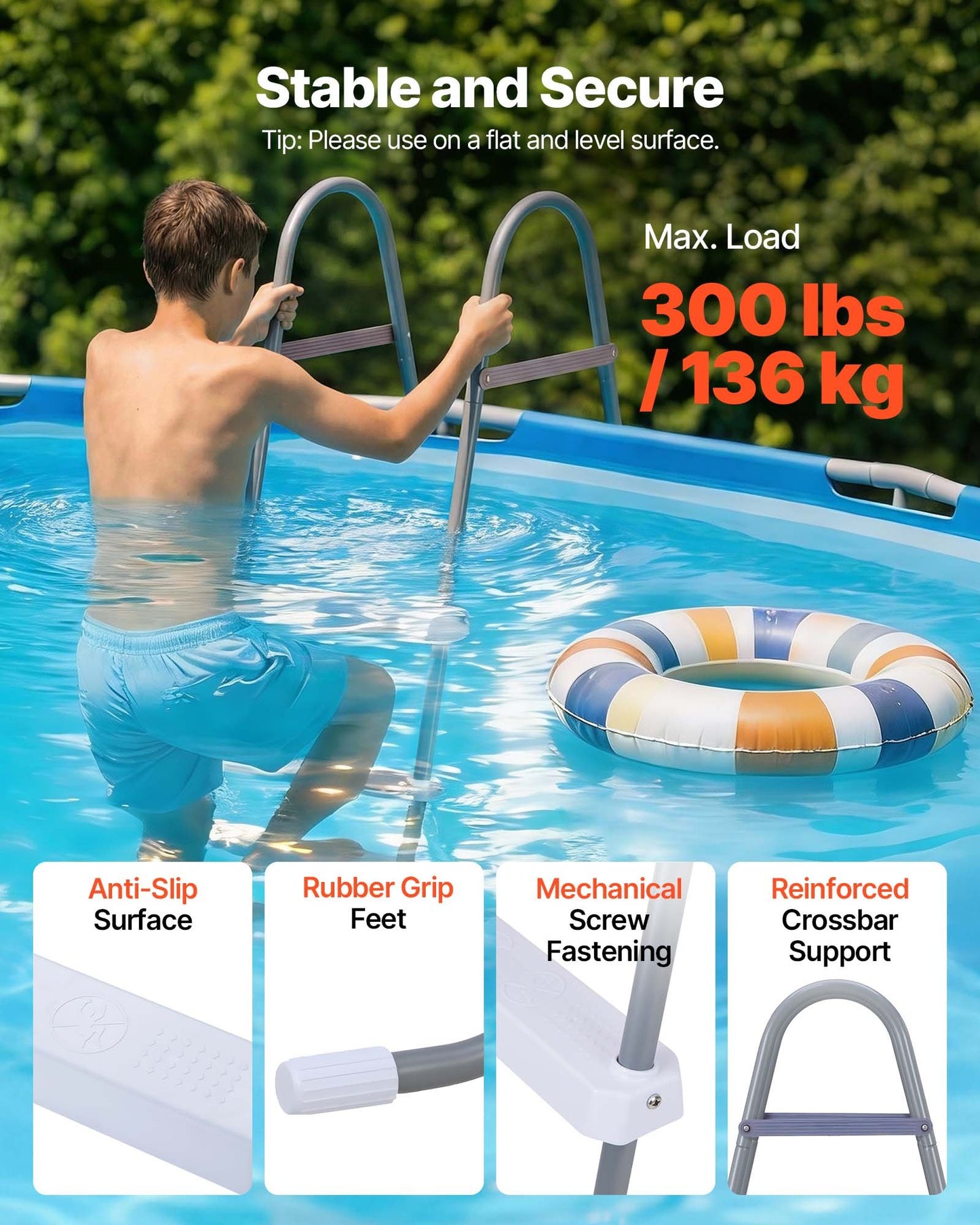 Above Ground Pool Ladder, 4-Step Steel A-Frame Swimming Pool Stairs for 121.9 cm High Wall, 136 kg Capacity Entry/Exit Steps with Secure Non-Slip Sturdy Wide Step, Easy Setup, Gray & White