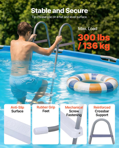Above Ground Pool Ladder, 4-Step Steel A-Frame Swimming Pool Stairs for 121.9 cm High Wall, 136 kg Capacity Entry/Exit Steps with Secure Non-Slip Sturdy Wide Step, Easy Setup, Gray & White