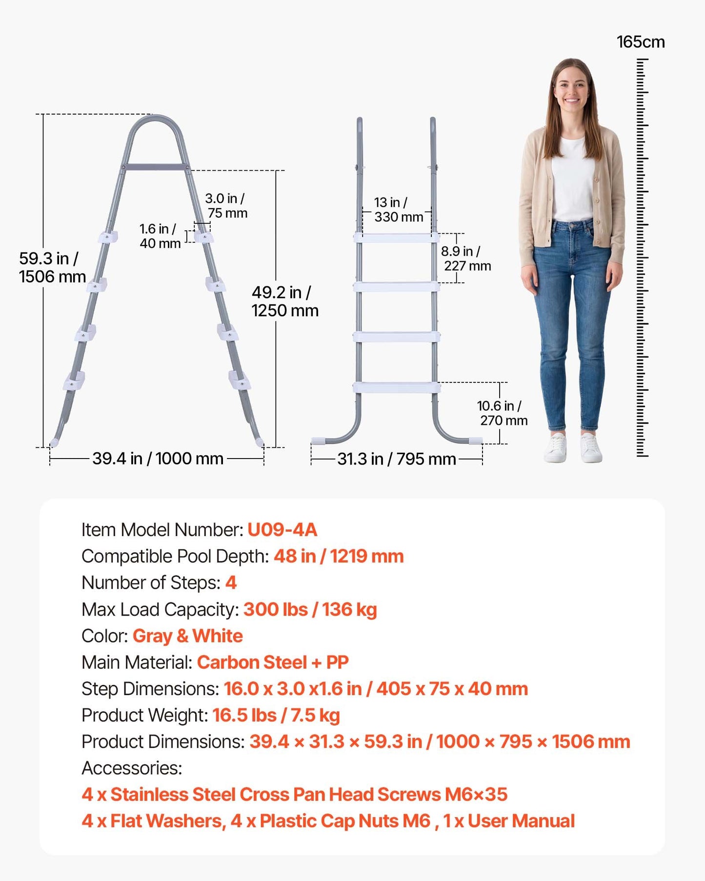 Above Ground Pool Ladder, 4-Step Steel A-Frame Swimming Pool Stairs for 121.9 cm High Wall, 136 kg Capacity Entry/Exit Steps with Secure Non-Slip Sturdy Wide Step, Easy Setup, Gray & White