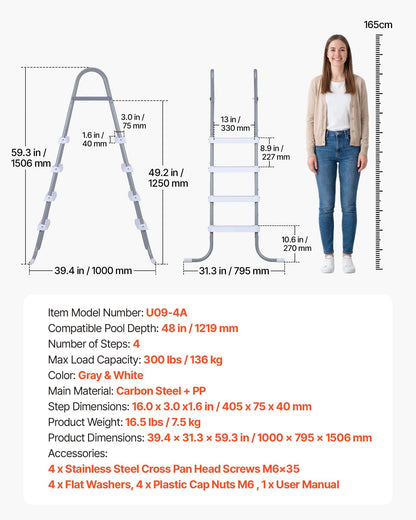 Above Ground Pool Ladder, 4-Step Steel A-Frame Swimming Pool Stairs for 121.9 cm High Wall, 136 kg Capacity Entry/Exit Steps with Secure Non-Slip Sturdy Wide Step, Easy Setup, Gray & White