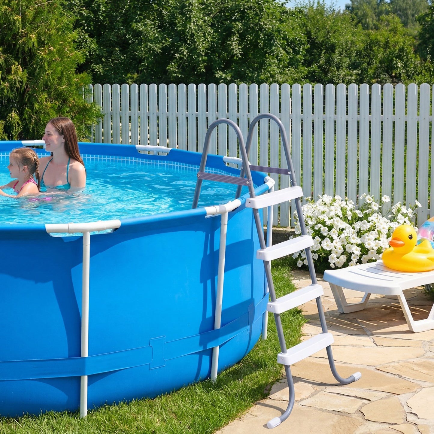 Above Ground Pool Ladder, 4-Step Steel A-Frame Swimming Pool Stairs for 121.9 cm High Wall, 136 kg Capacity Entry/Exit Steps with Secure Non-Slip Sturdy Wide Step, Easy Setup, Gray & White