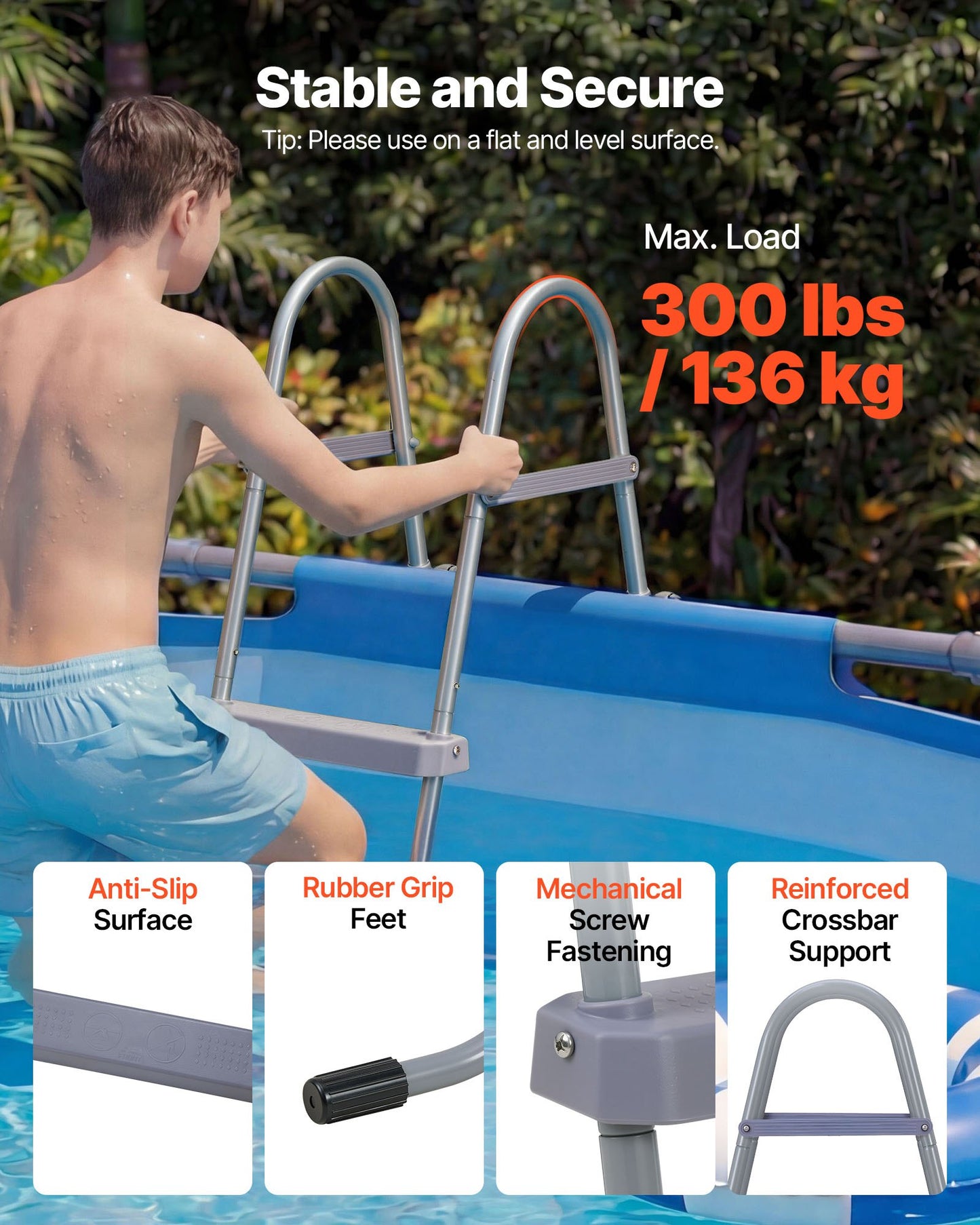 Above Ground Pool Ladder, 4-Step Steel A-Frame Swimming Pool Stairs for 132.1 cm High Wall, 136 kg Capacity Entry/Exit Steps with Secure Non-Slip Sturdy Wide Step, Easy Setup Outdoor, Gray