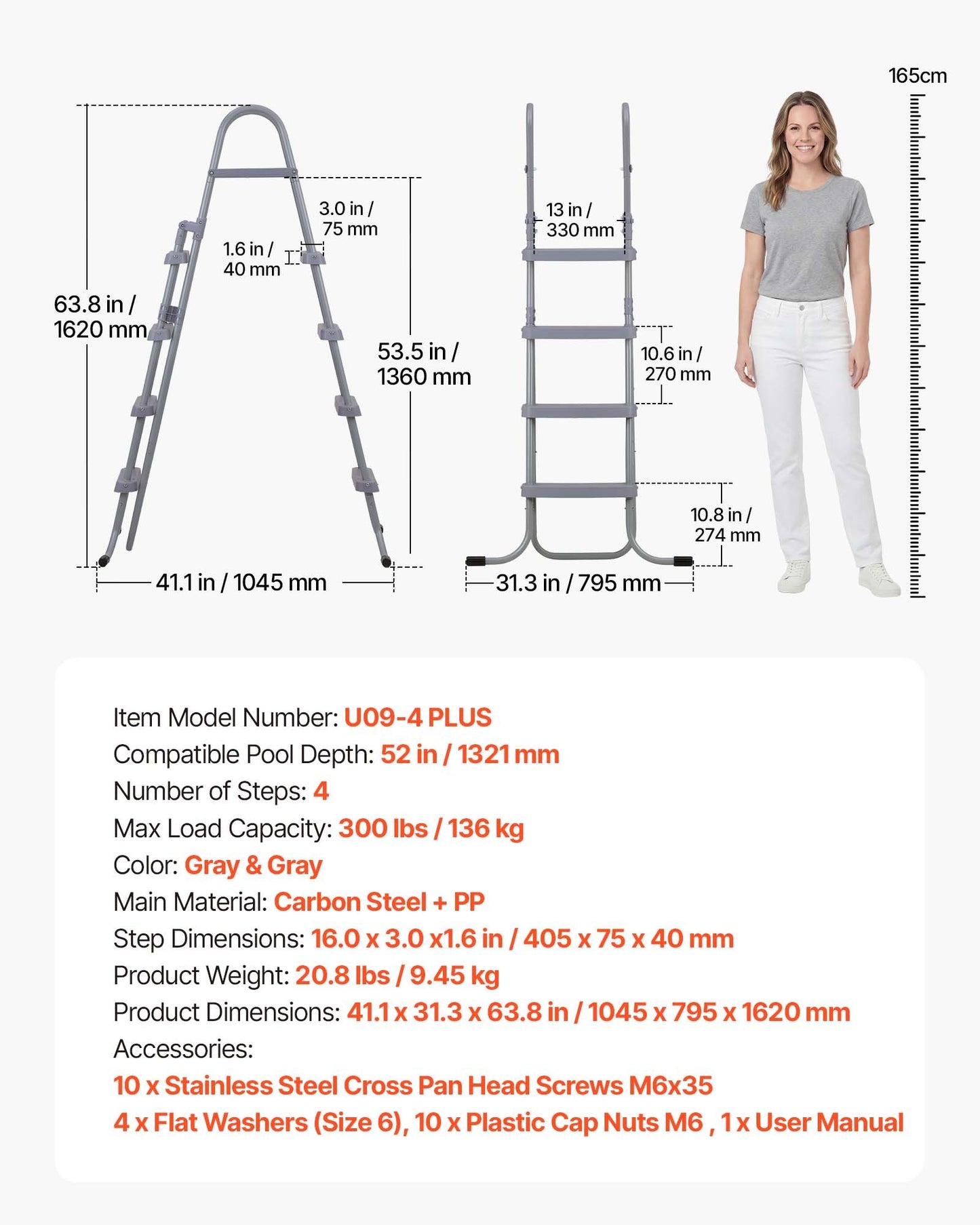 Above Ground Pool Ladder, 4-Step Steel A-Frame Swimming Pool Stairs for 132.1 cm High Wall, 136 kg Capacity Entry/Exit Steps with Secure Non-Slip Sturdy Wide Step, Easy Setup Outdoor, Gray