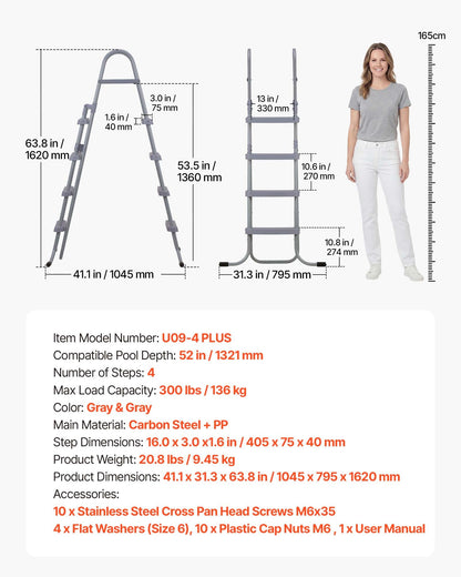 Above Ground Pool Ladder, 4-Step Steel A-Frame Swimming Pool Stairs for 132.1 cm High Wall, 136 kg Capacity Entry/Exit Steps with Secure Non-Slip Sturdy Wide Step, Easy Setup Outdoor, Gray