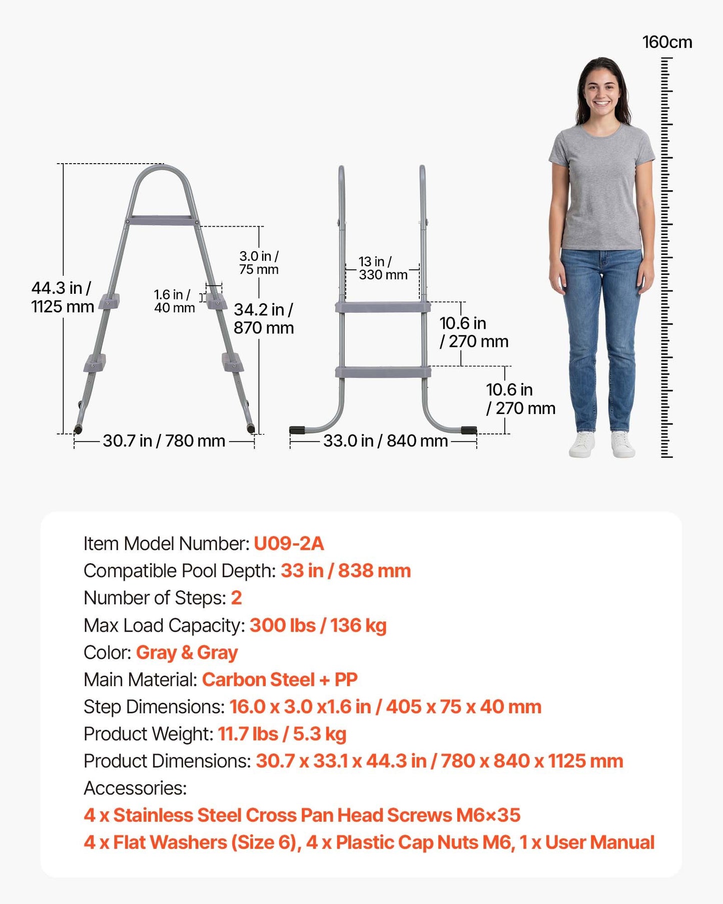 Above Ground Pool Ladder, 2-Step Steel A-Frame Swimming Pool Stairs for 83.8 cm High Wall, 136 kg Capacity Entry/Exit Steps with Secure Non-Slip Sturdy Wide Step, Easy Setup Outdoor, Gray