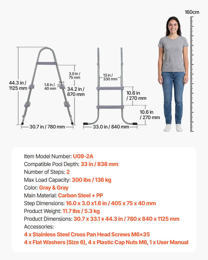 Above Ground Pool Ladder, 2-Step Steel A-Frame Swimming Pool Stairs for 83.8 cm High Wall, 136 kg Capacity Entry/Exit Steps with Secure Non-Slip Sturdy Wide Step, Easy Setup Outdoor, Gray