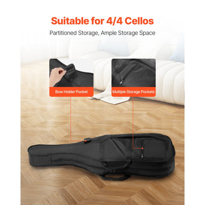 4/4 Full Size Cello Case, Nylon Waterproof, Lightweight Portable Travel Carrying Bag, with Reinforced Handle, Dual Shoul