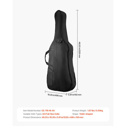 4/4 Full Size Cello Case, Nylon Waterproof, Lightweight Portable Travel Carrying Bag, with Reinforced Handle, Dual Shoul