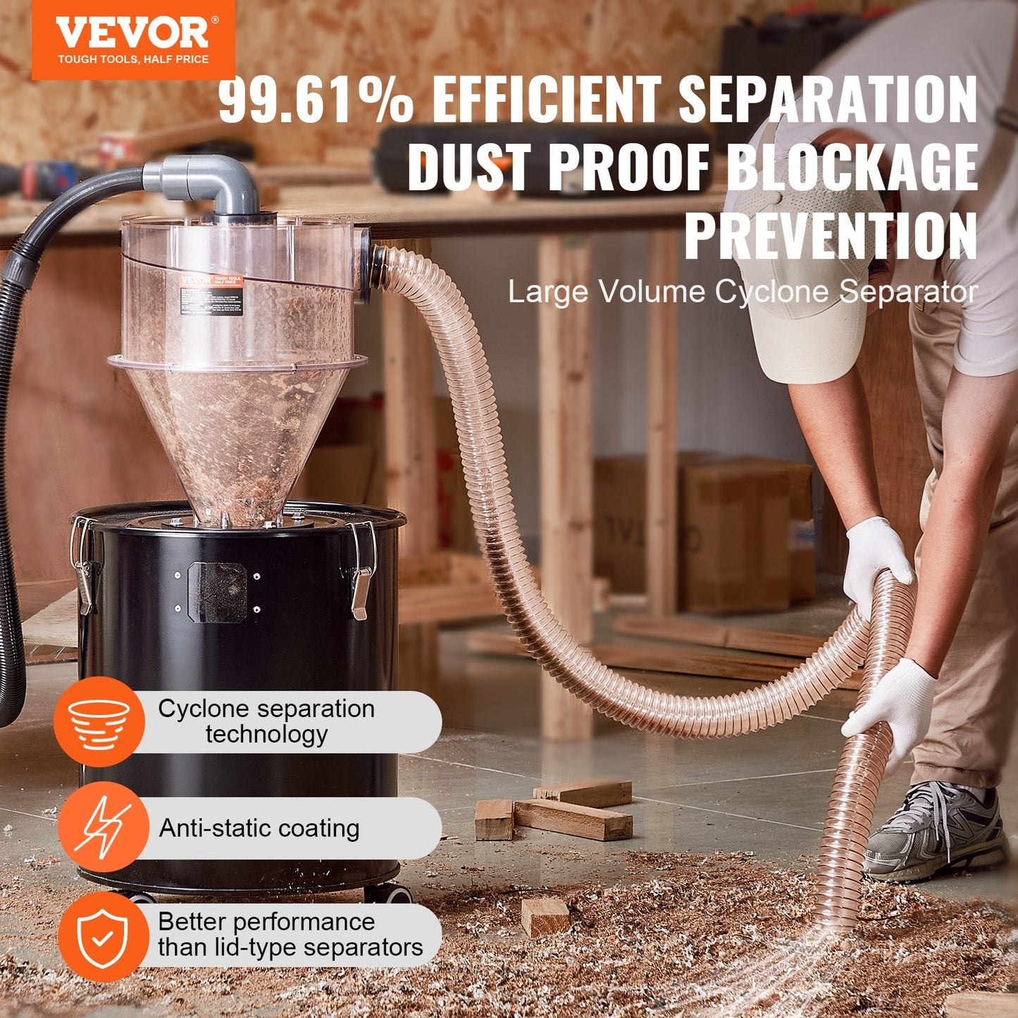 Cyclone Dust Separator with 0.42m Drum for 50L Tank, Easy Installation