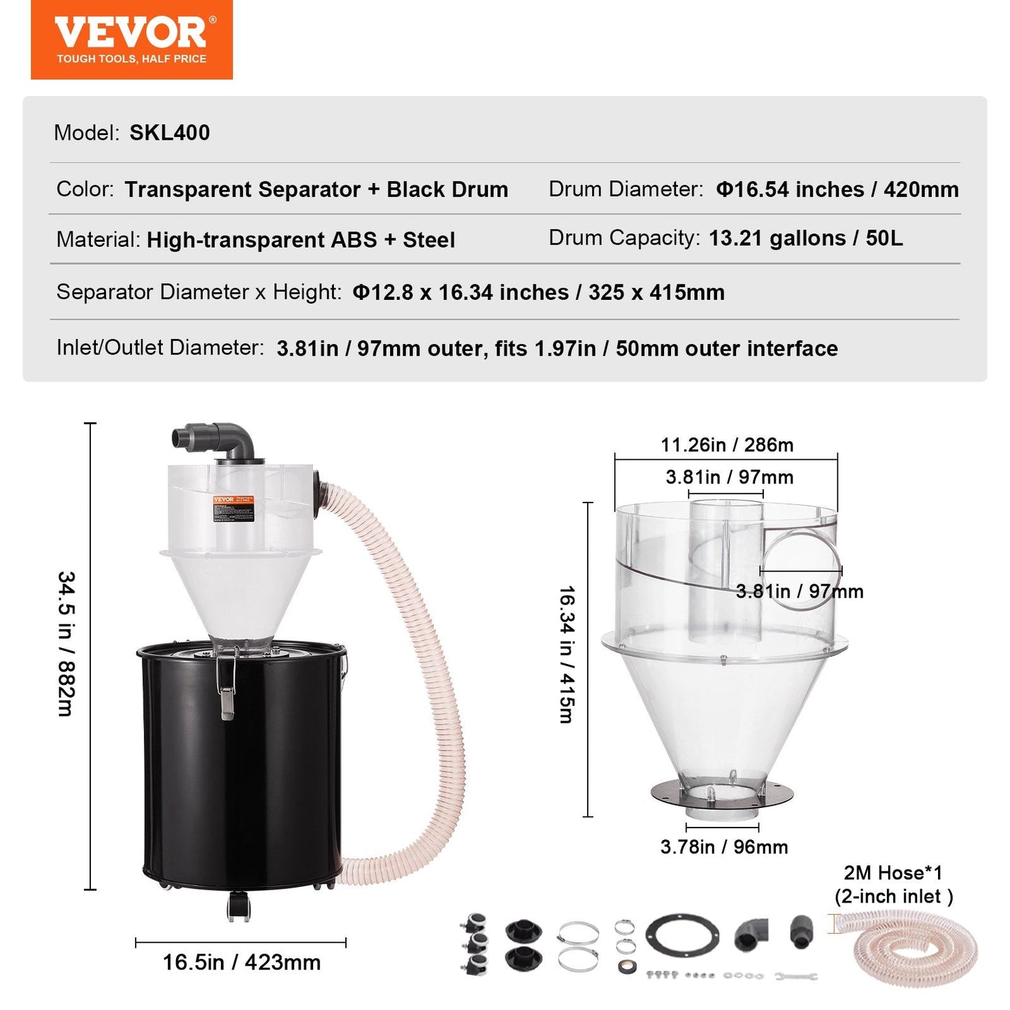 Cyclone Dust Separator with 0.42m Drum for 50L Tank, Easy Installation