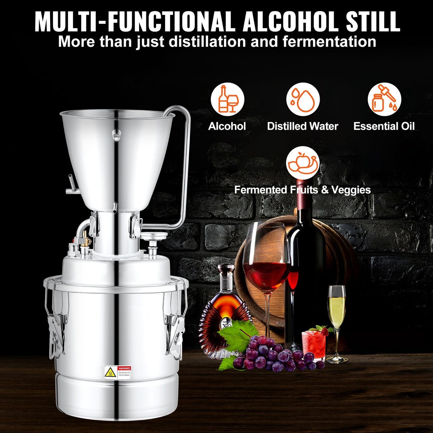 10L Home Alcohol Distiller with Thermometer & Secure Exhaust, 201 Stainless Steel