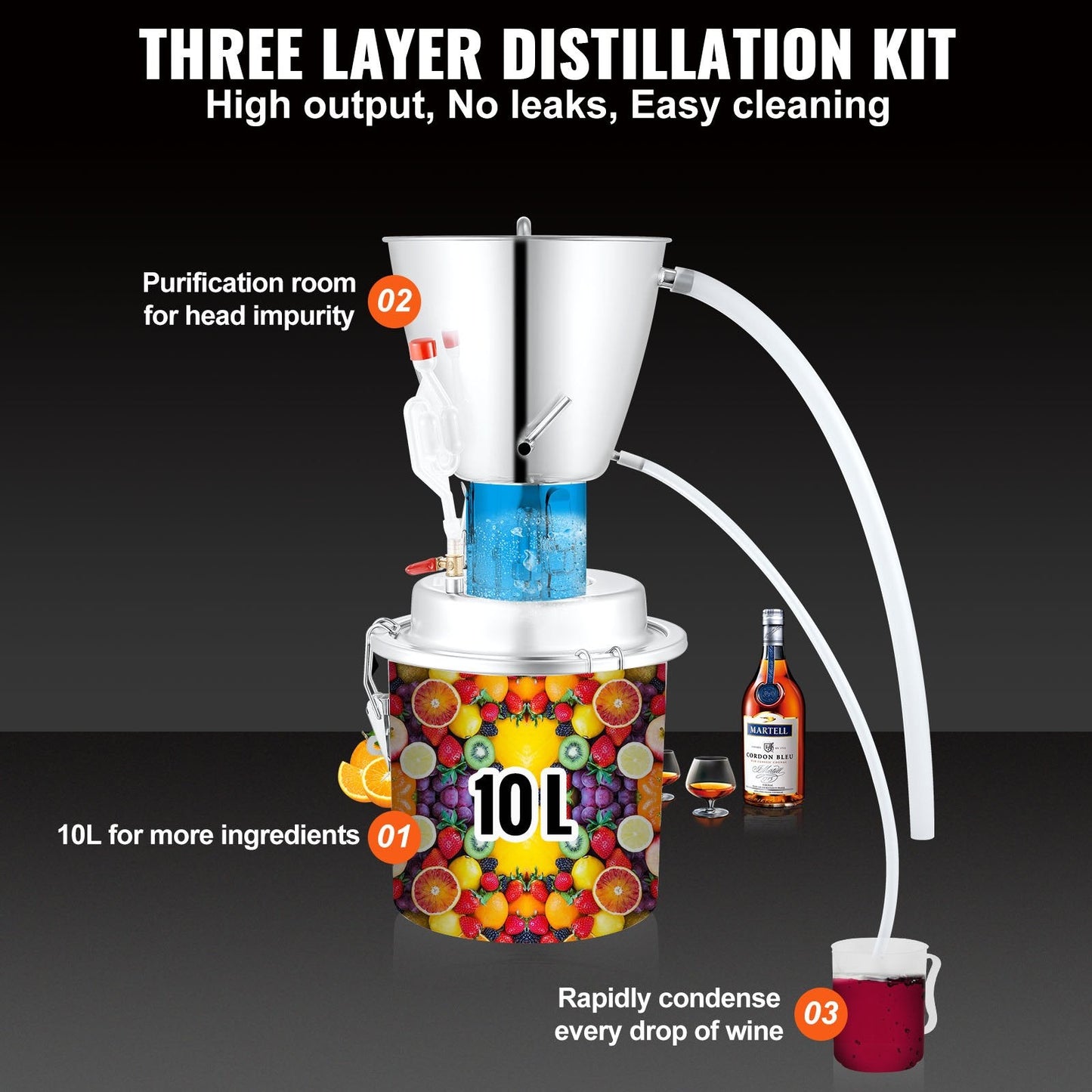 10L Home Alcohol Distiller with Thermometer & Secure Exhaust, 201 Stainless Steel