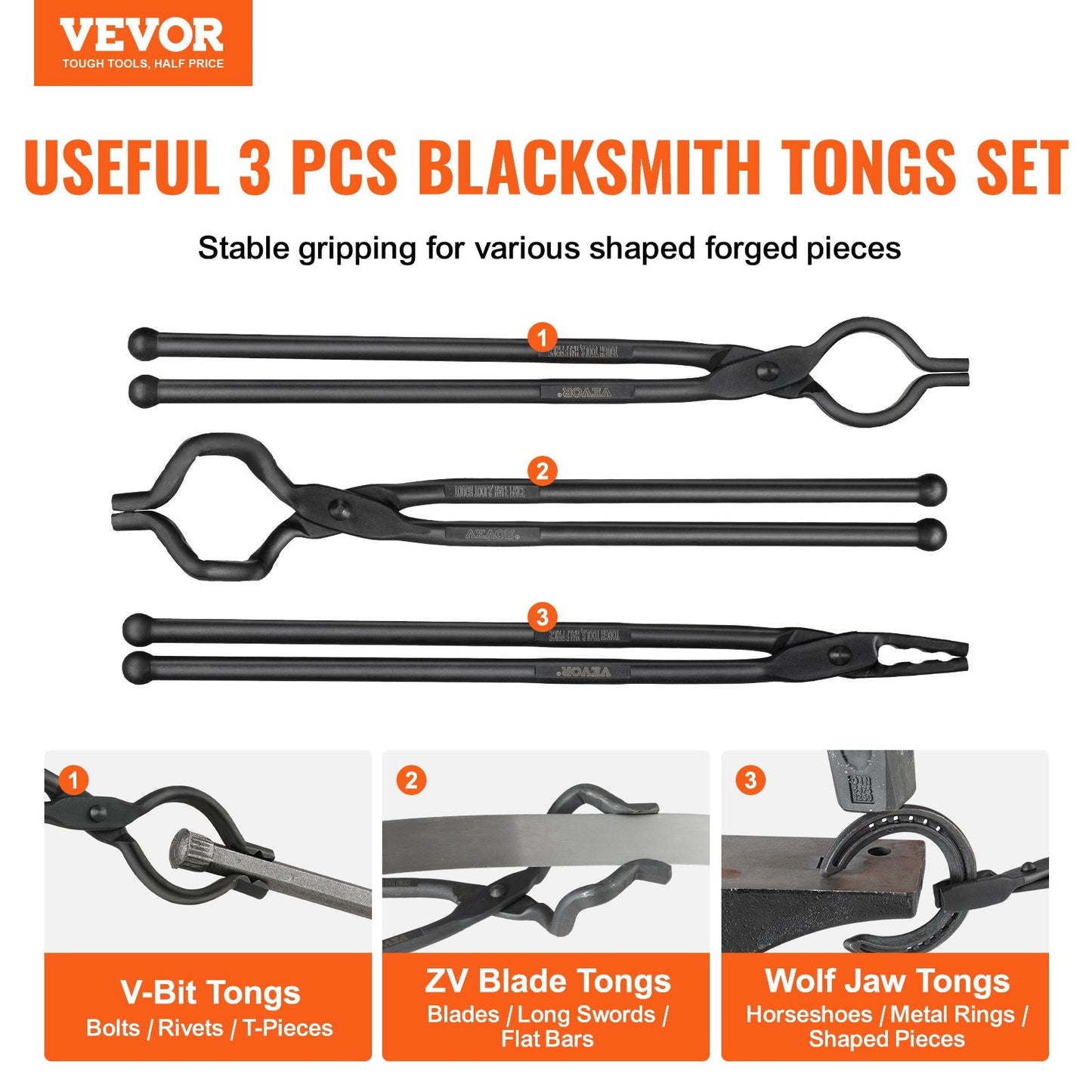 Blacksmith Forge Tongs Set - V-Bit, Wolf Jaw, Z V-Bit - Carbon Steel, 3 PCS