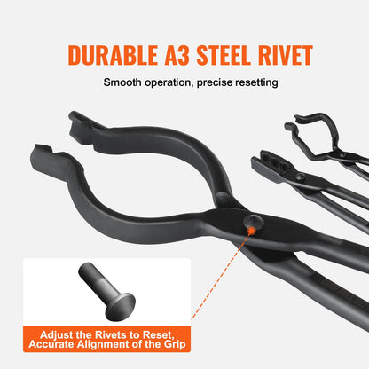 Blacksmith Forge Tongs Set - V-Bit, Wolf Jaw, Z V-Bit - Carbon Steel, 3 PCS