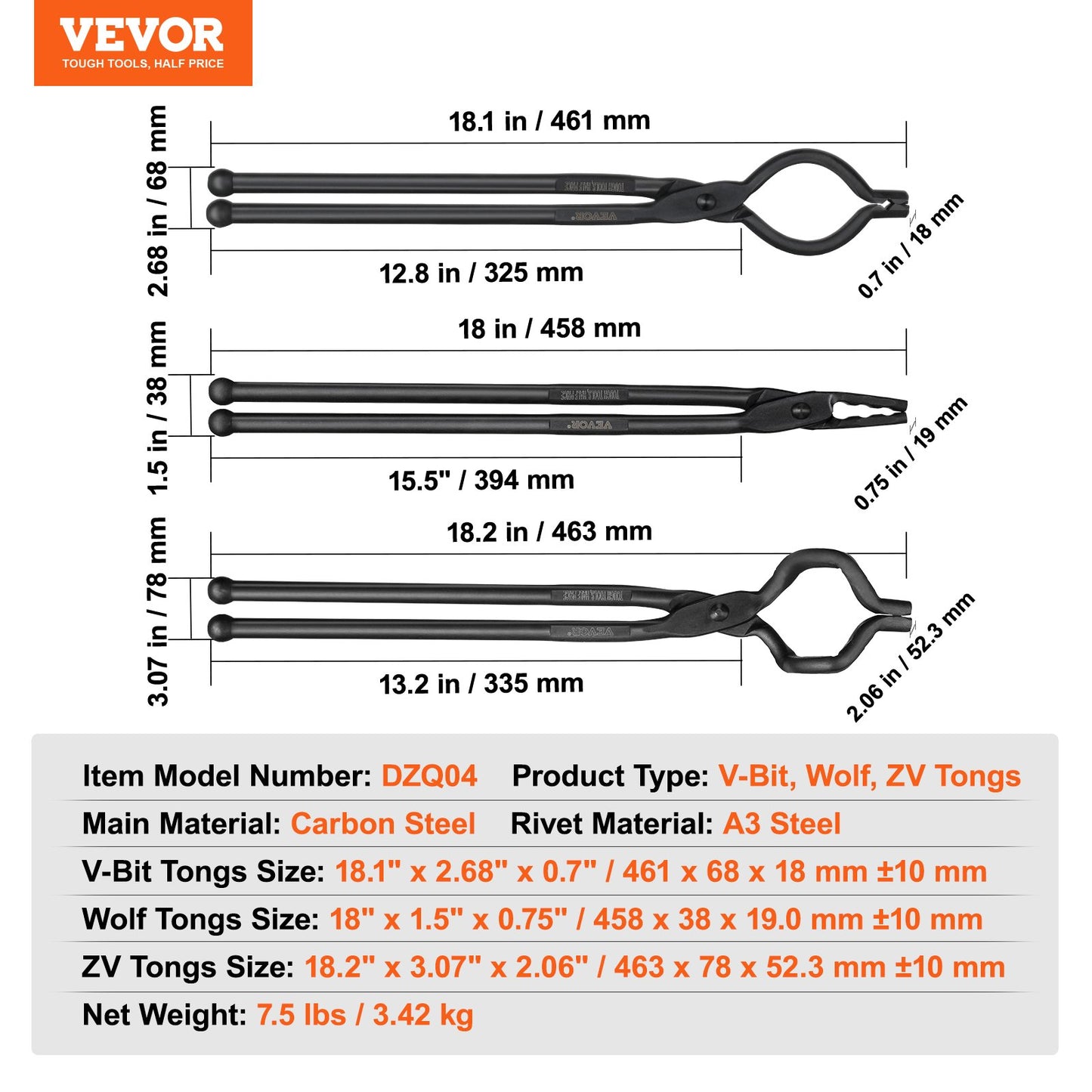 VEVOR Blacksmith Tongs, 3 PCS, V-Bit Bolt Tongs, Wolf Jaw Tongs and Z V-Bit Tongs,