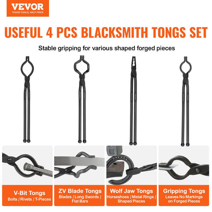 Blacksmith Forge Tongs Set: 4 PCS Carbon Steel with Ergonomic Handles, 4.56 kg