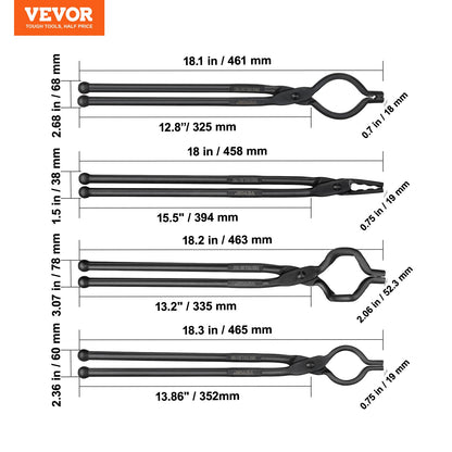 VEVOR Blacksmith Tongs, 4 PCS, V-Bit Bolt Tongs, Wolf Jaw Tongs, Z V-Bit Tongs and