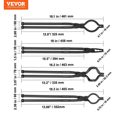 Blacksmith Forge Tongs Set: 4 PCS Carbon Steel with Ergonomic Handles, 4.56 kg