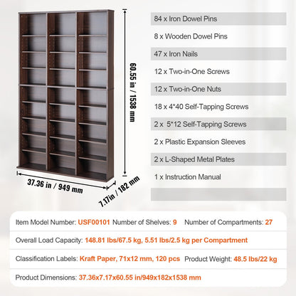 Espresso Media Storage Cabinet, 9 Adjustable Layers, Holds 756 CDs, 22 kg