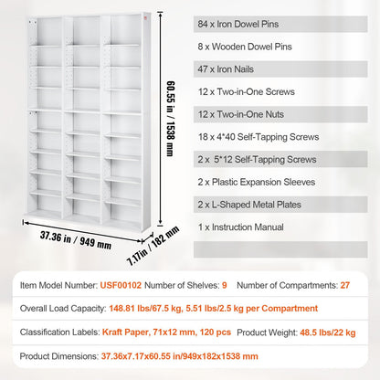 White Media Storage Cabinet with 9 Adjustable Layers, Holds 756 CDs, 22 kg