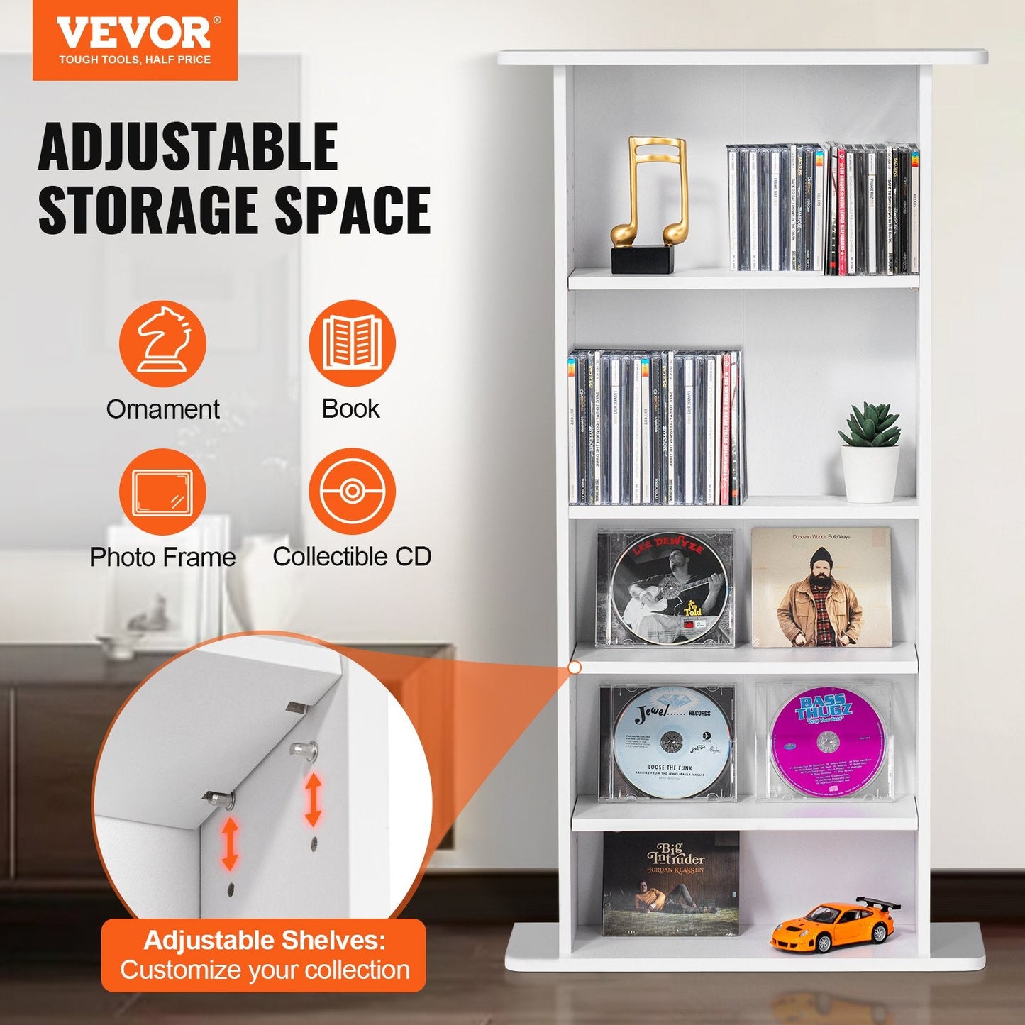 White 5-Tier Adjustable Media Cabinet for 240 CDs with Anti-tip Design, 0.48m