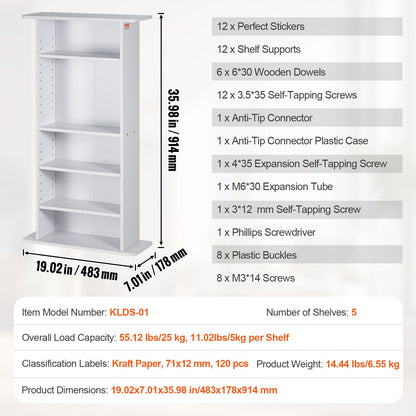 VEVOR Media Storage Cabinet 5 Layers Adjustable DVD Shelves Holds 240 CDs White