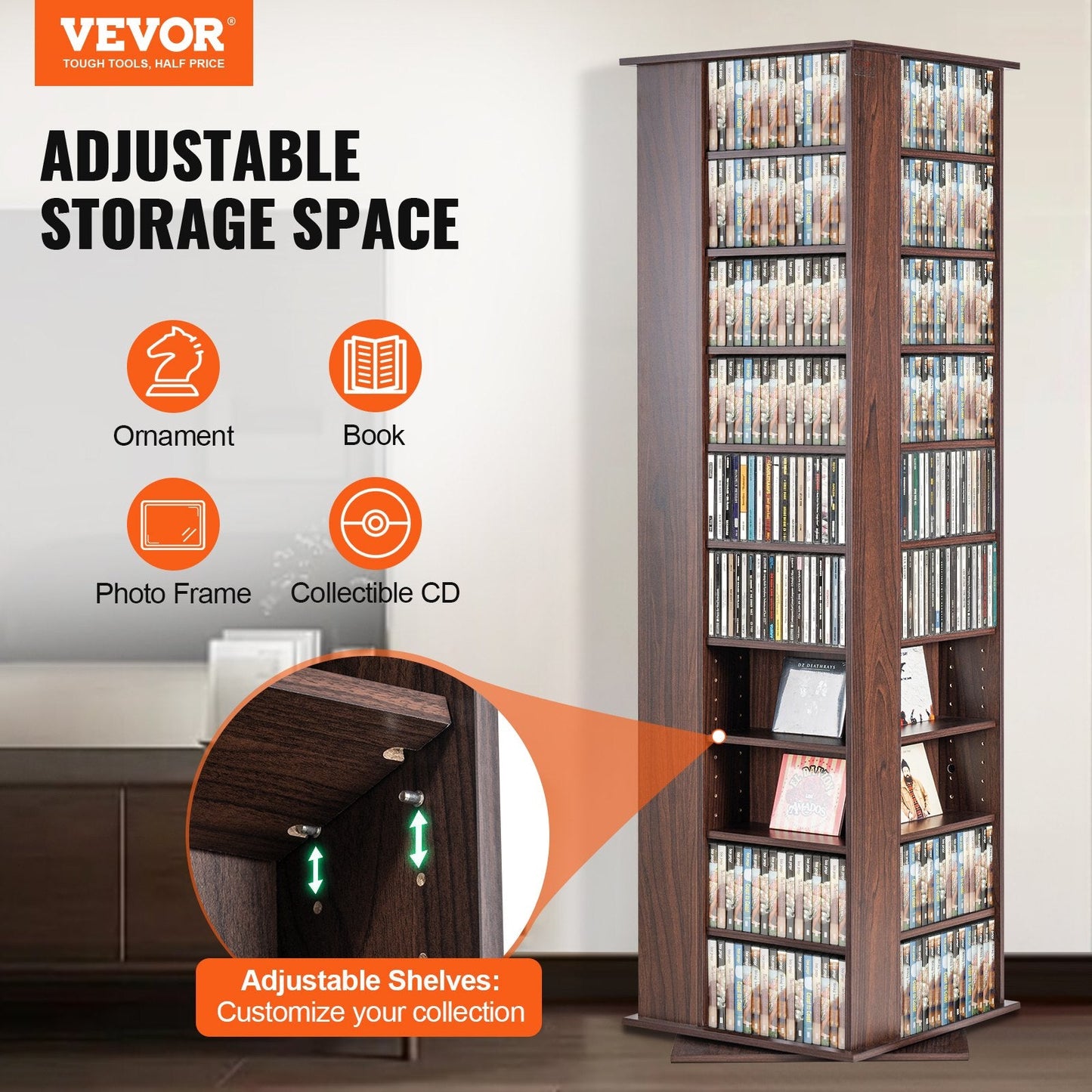 4-Sided Rotating Media Tower, Holds 1040 CDs, Espresso Finish, 1.65 Meters Tall