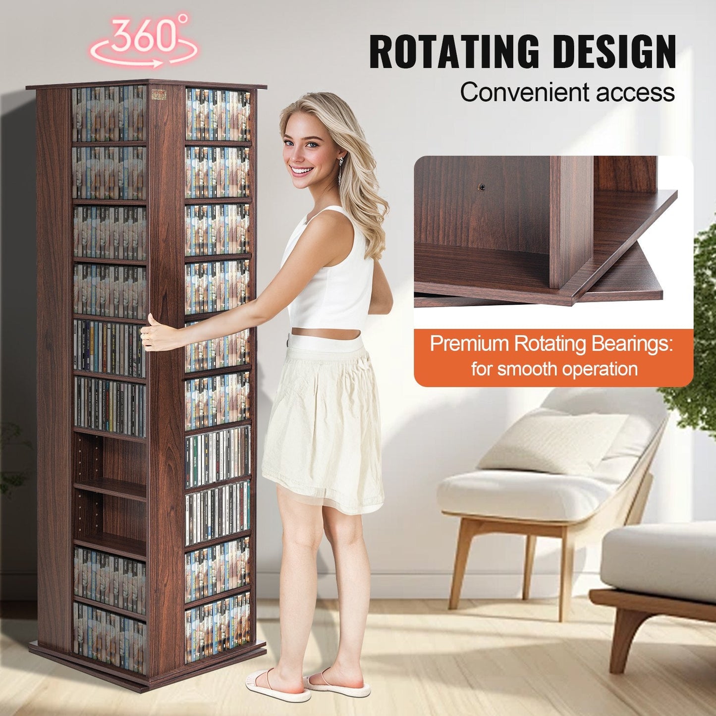 4-Sided Rotating Media Tower, Holds 1040 CDs, Espresso Finish, 1.65 Meters Tall
