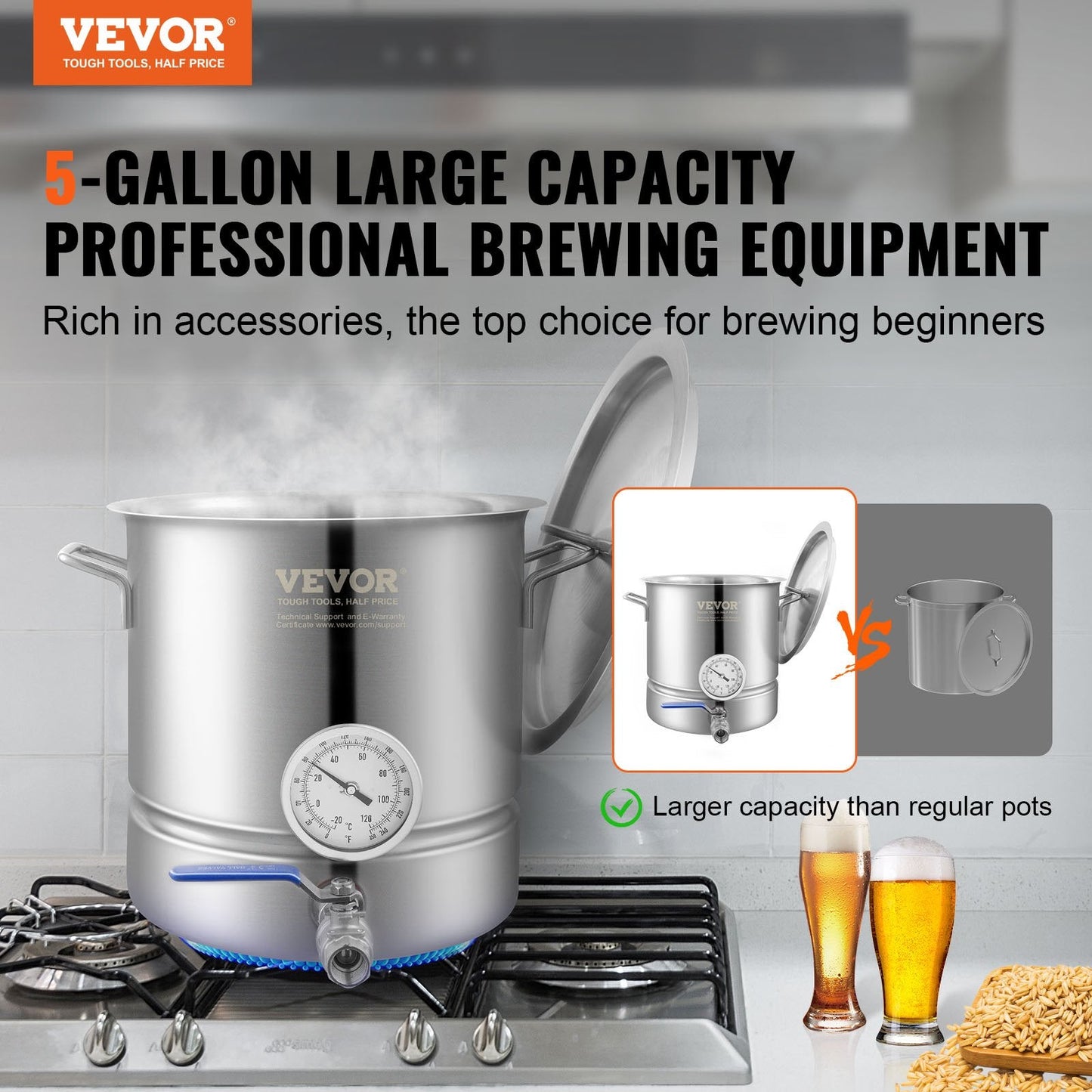 Stainless Steel 5 Gallon Brewing Kettle with Thermometer and Spigot, 3.81 kg