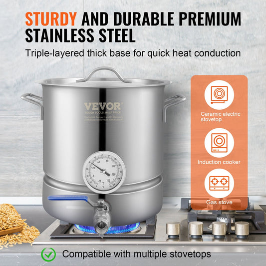 Stainless Steel 5 Gallon Brewing Kettle with Thermometer and Spigot, 3.81 kg