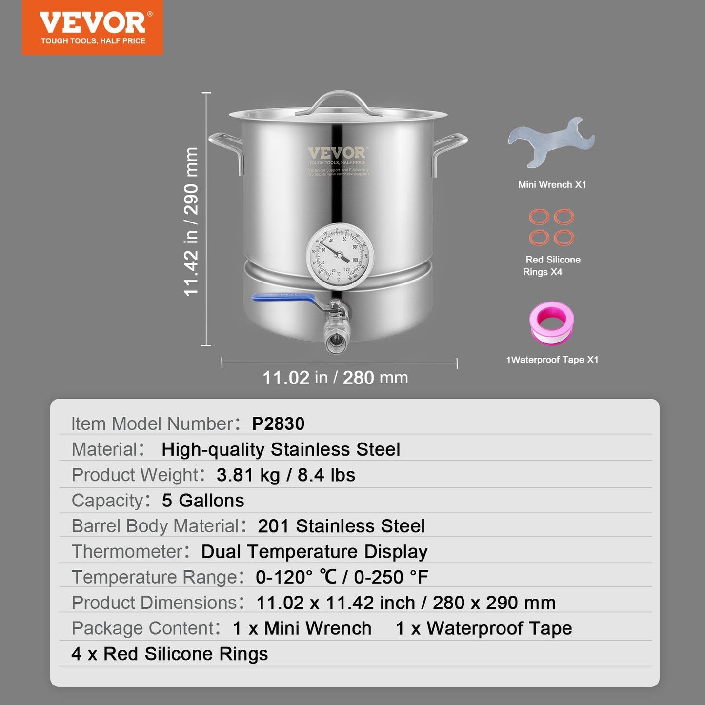 Stainless Steel 5 Gallon Brewing Kettle with Thermometer and Spigot, 3.81 kg