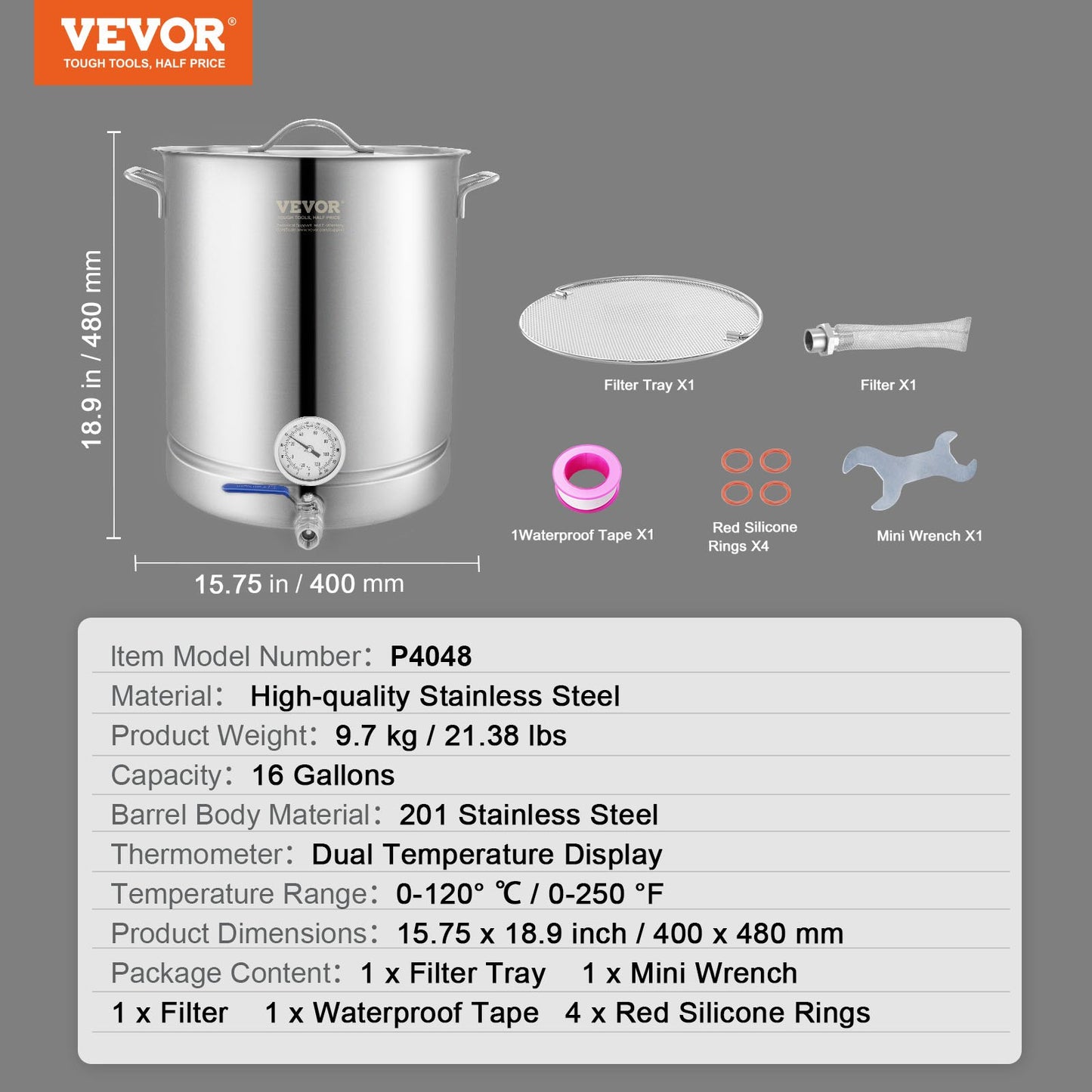 VEVOR Stainless Steel Home Brew Kettle Set 16Gal Beer Stock Pot with Accessories