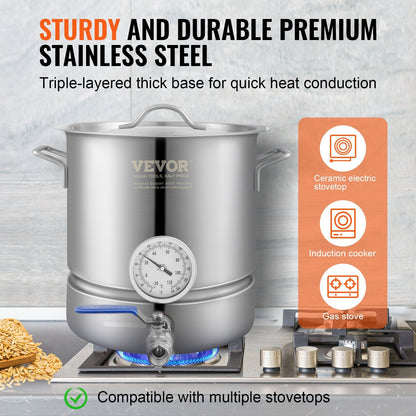 Stainless Steel Brewing Kettle, 19L with Thermometer & Dual Filtration System