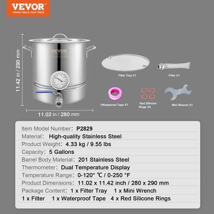 VEVOR Stainless Steel Kettle, 5 GALLON Brewing Pot, Tri Ply Bottom for Beer, Brew
