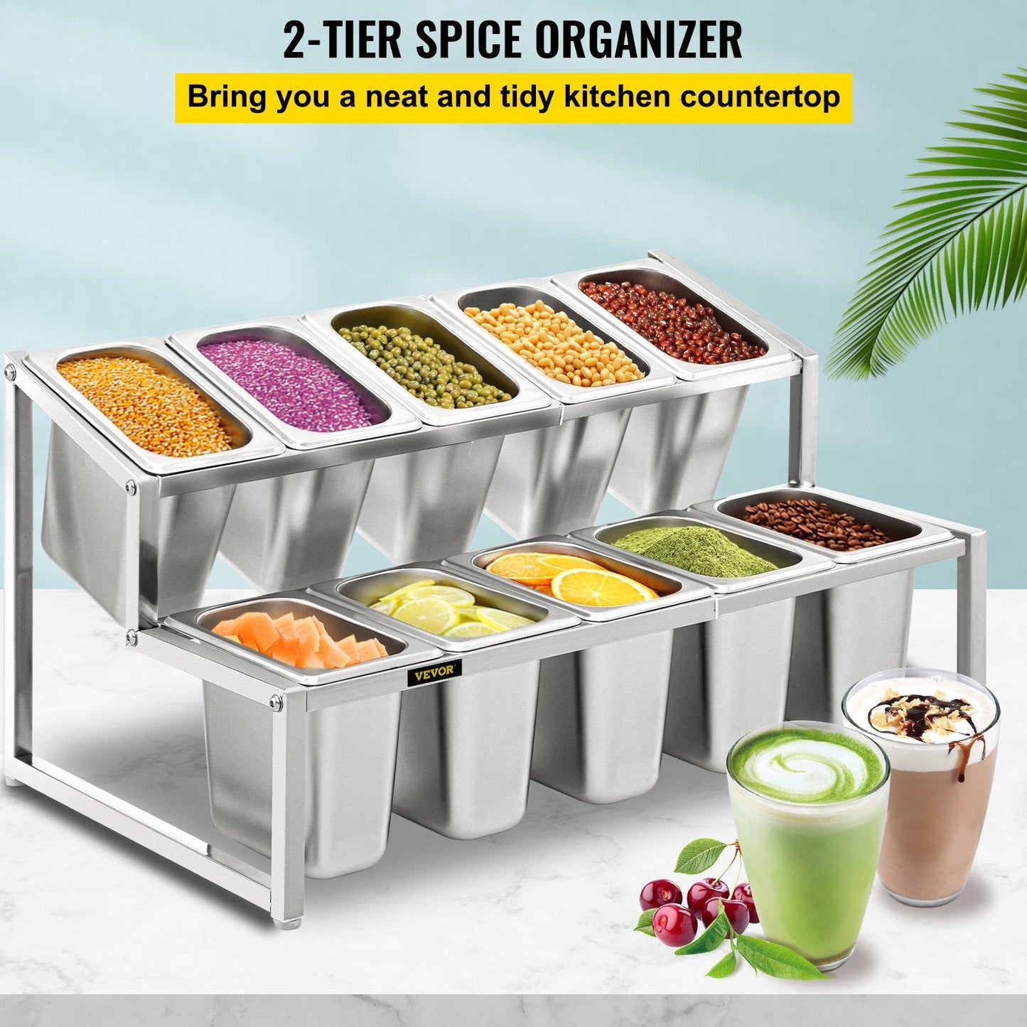 Adjustable 2-Tier Stainless Steel Spice Rack with 10 Pans, 35-60 cm Expandable