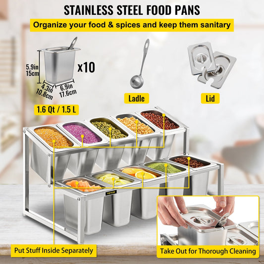 Adjustable 2-Tier Stainless Steel Spice Rack with 10 Pans, 35-60 cm Expandable