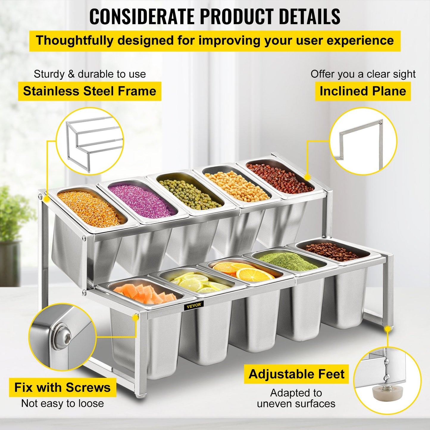 Adjustable 2-Tier Stainless Steel Spice Rack with 10 Pans, 35-60 cm Expandable