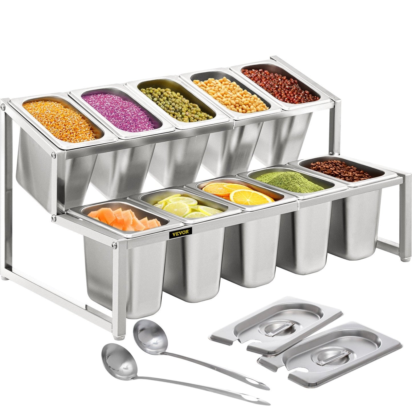 Adjustable 2-Tier Stainless Steel Spice Rack with 10 Pans, 35-60 cm Expandable