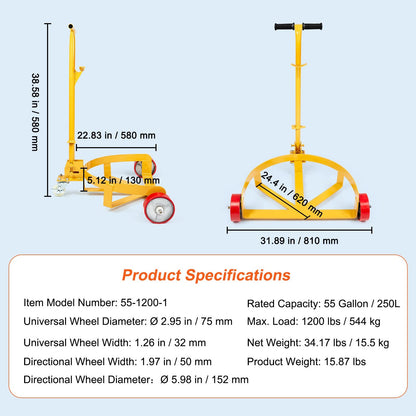 Heavy Duty 250L Drum Dolly with 544 kg Capacity and Adjustable Handle